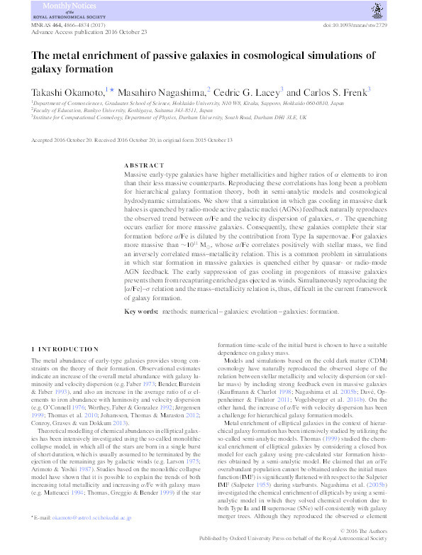 The metal enrichment of passive galaxies in cosmological simulations of galaxy formation Thumbnail