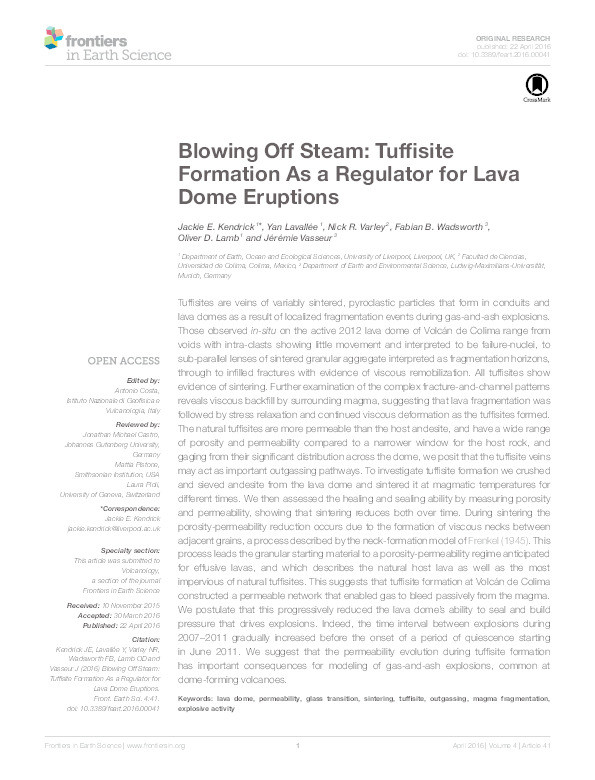 Blowing Off Steam: Tuffisite Formation As a Regulator for Lava Dome Eruptions Thumbnail