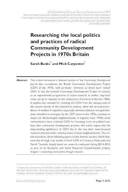 Researching the local politics and practices of radical Community Development Projects in 1970s Britain Thumbnail