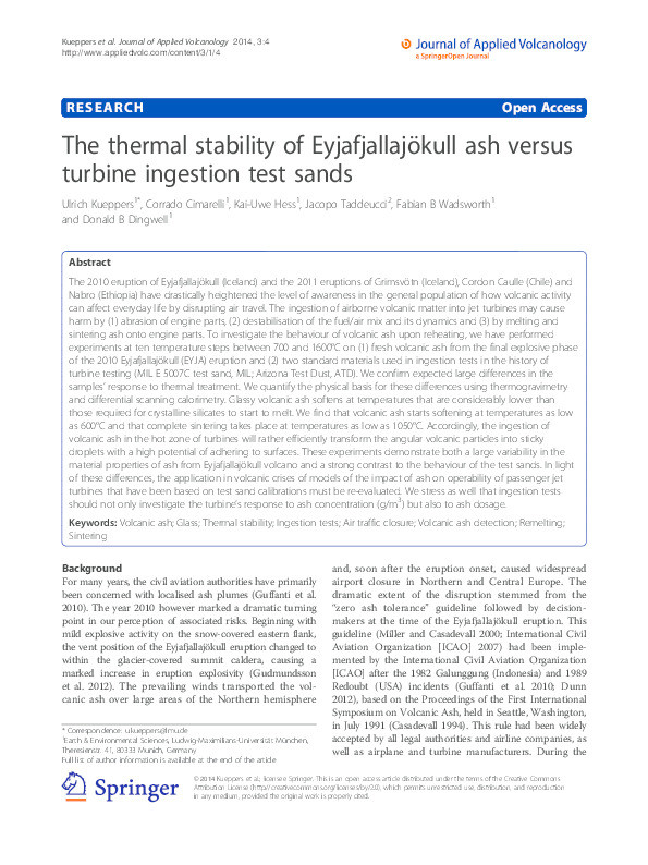 The thermal stability of Eyjafjallajökull ash versus turbine ingestion test sands Thumbnail