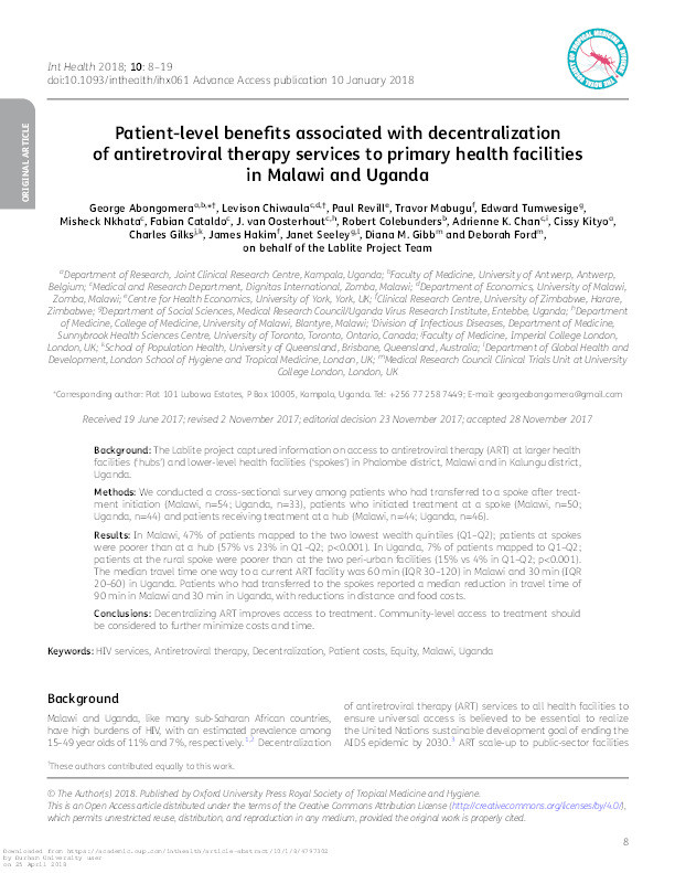 Patient-level benefits associated with decentralization of antiretroviral therapy services to primary health facilities in Malawi and Uganda Thumbnail