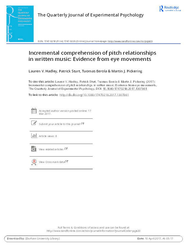 Incremental comprehension of pitch relationships in written music: Evidence from eye movements Thumbnail