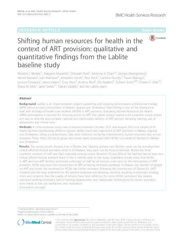 Shifting human resources for health in the context of ART provision: qualitative and quantitative findings from the Lablite baseline study Thumbnail