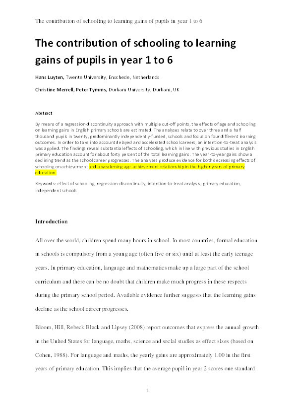 The contribution of schooling to learning gains of pupils in Years 1 to 6 Thumbnail