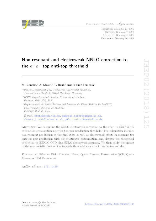 Non-resonant and electroweak NNLO correction to the e+e− top anti-top threshold Thumbnail