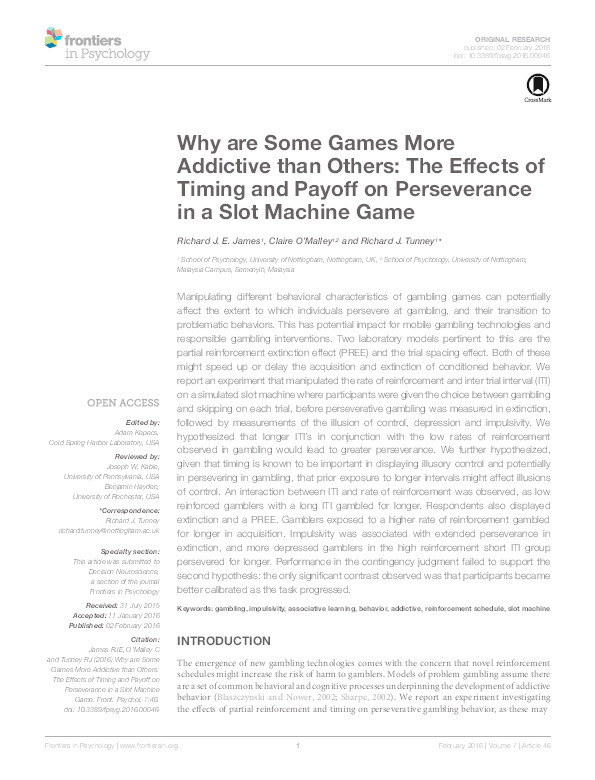Why are Some Games More Addictive than Others: The Effects of Timing and Payoff on Perseverance in a Slot Machine Game Thumbnail