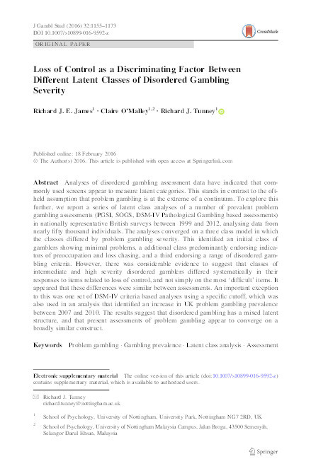 Loss of Control as a Discriminating Factor Between Different Latent Classes of Disordered Gambling Severity Thumbnail