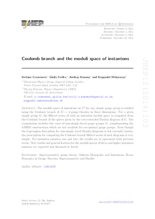 Coulomb Branch and The Moduli Space of Instantons Thumbnail