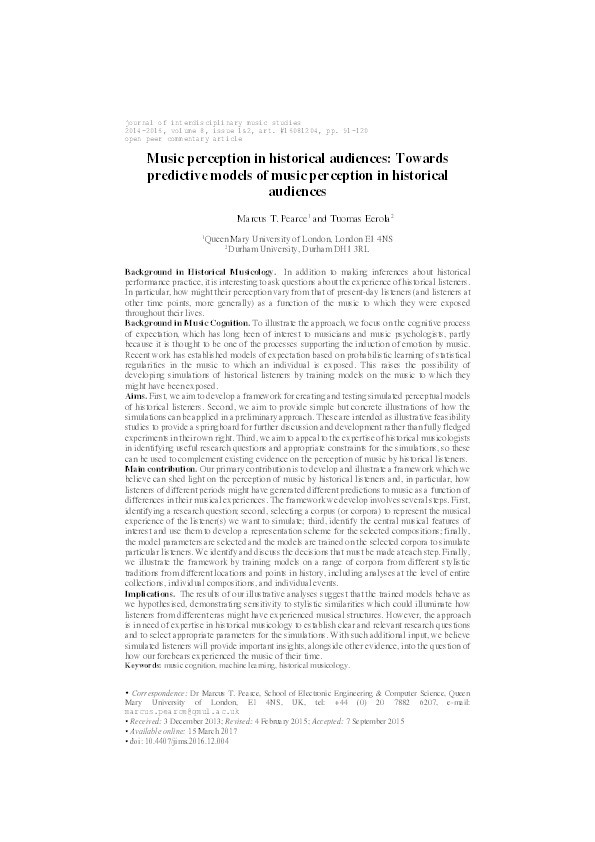 Music perception in historical audiences: Towards predictive models of music perception in historical audiences Thumbnail