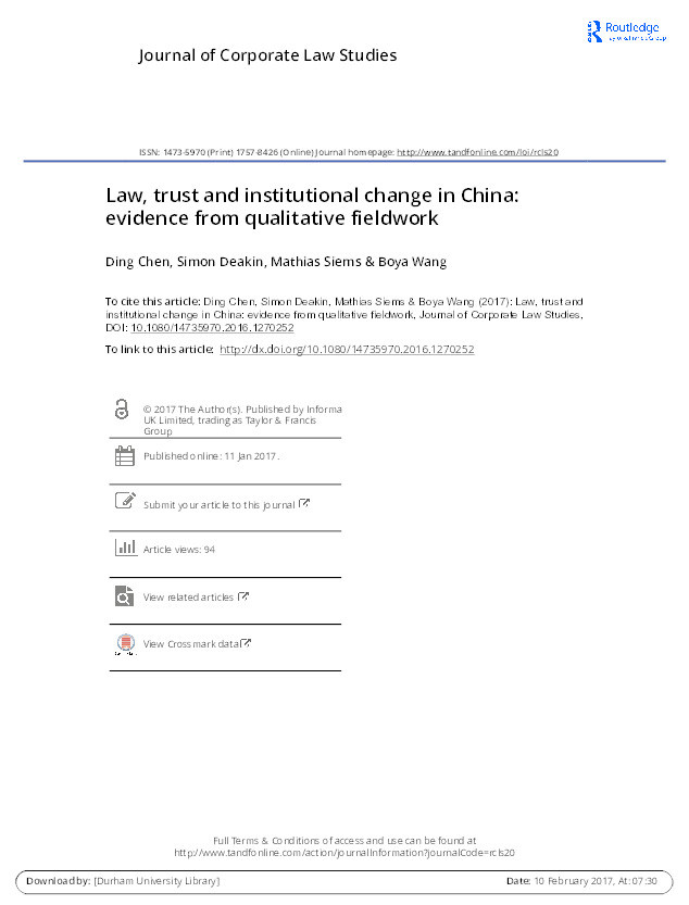 Law, Trust and Institutional Change in China: Evidence from Qualitative Fieldwork Thumbnail