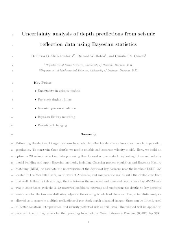 Uncertainty analysis of depth predictions from seismic reflection data using Bayesian statistics Thumbnail