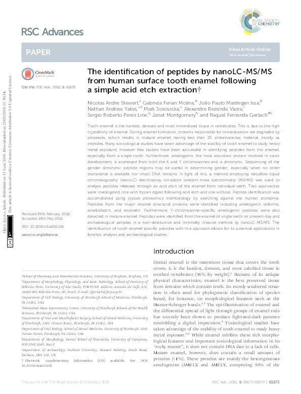 The identification of peptides by nanoLC-MS/MS from human surface tooth enamel following a simple acid etch extraction Thumbnail