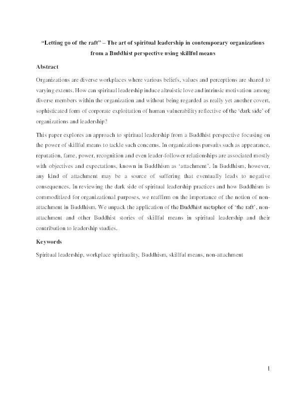 “Letting go of the raft” – The art of spiritual leadership in contemporary organizations from a Buddhist perspective using skilful means Thumbnail