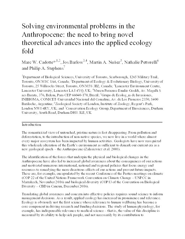 Solving environmental problems in the Anthropocene: the need to bring novel theoretical advances into the applied ecology fold Thumbnail