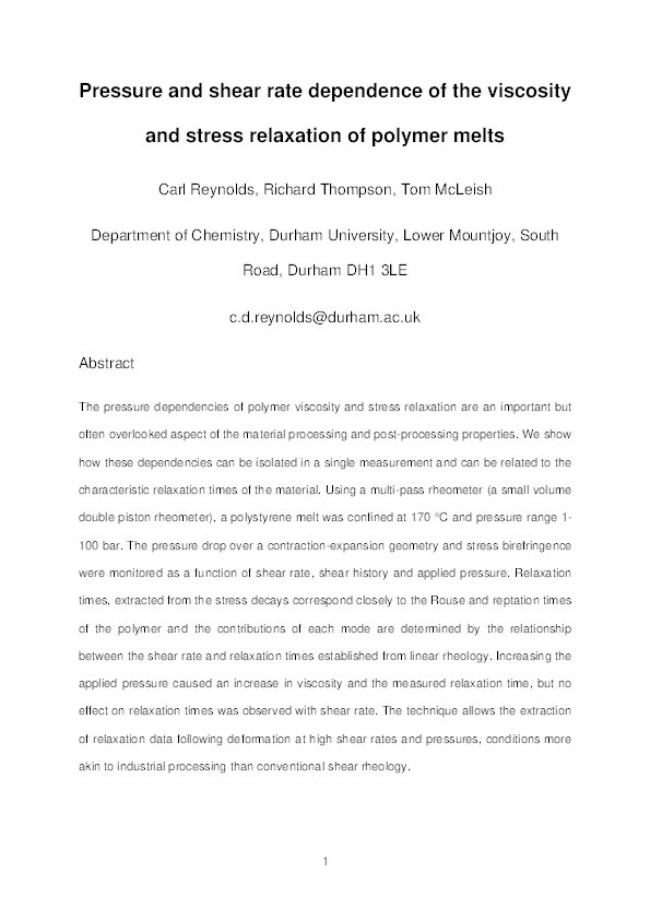 Pressure and shear rate dependence of the viscosity and stress relaxation of polymer melts Thumbnail