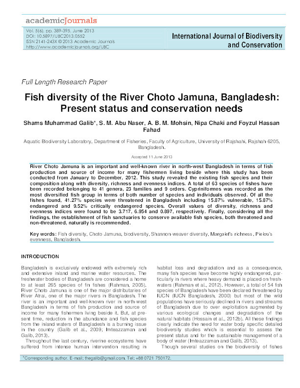 Fish diversity of the River Choto Jamuna, Bangladesh: present status and conservation needs Thumbnail