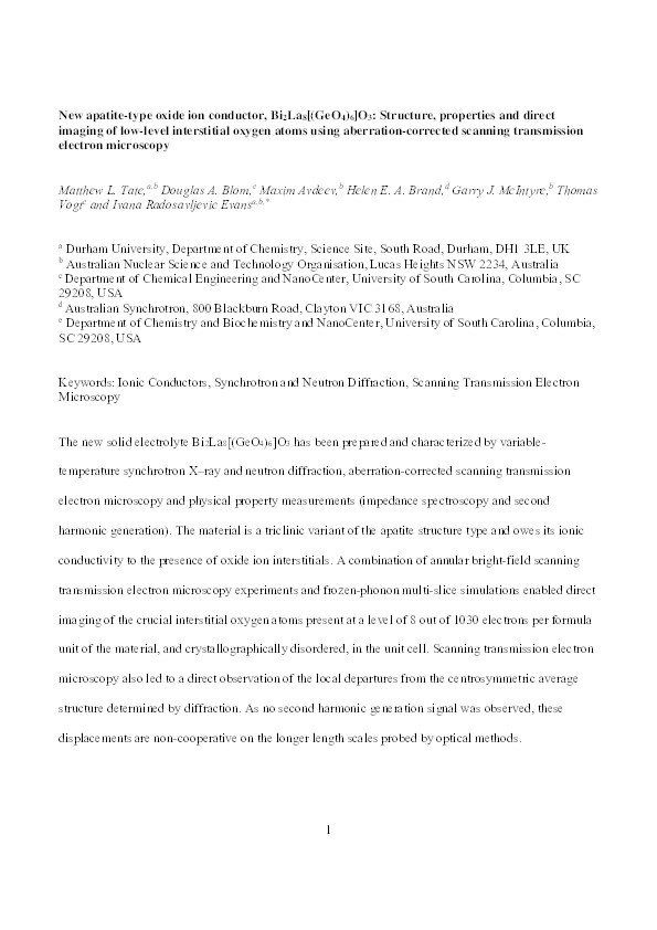 New Apatite-Type Oxide Ion Conductor, Bi2La8[(GeO4)6]O3: Structure, Properties, and Direct Imaging of Low-Level Interstitial Oxygen Atoms Using Aberration-Corrected Scanning Transmission Electron Microscopy Thumbnail