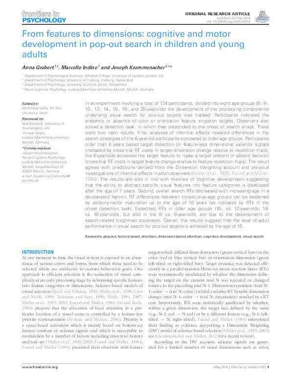 From features to dimensions cognitive and motor development in pop out search in children and young adults