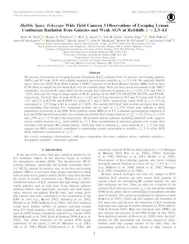 Hubble Space Telescope Wide Field Camera 3 Observations of Escaping Lyman Continuum Radiation from Galaxies and Weak AGN at Redshifts z ∼ 2.3–4.1 Thumbnail