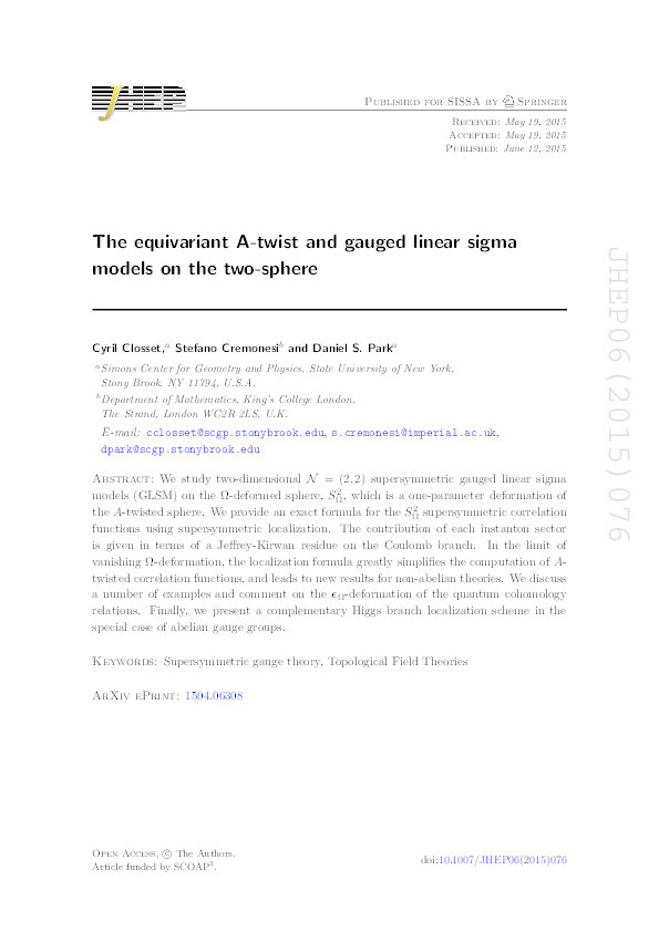 The equivariant A-twist and gauged linear sigma models on the two-sphere Thumbnail