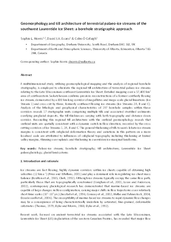 Geomorphology and till architecture of terrestrial palaeo-ice streams of the southwest Laurentide Ice Sheet: a borehole stratigraphic approach Thumbnail