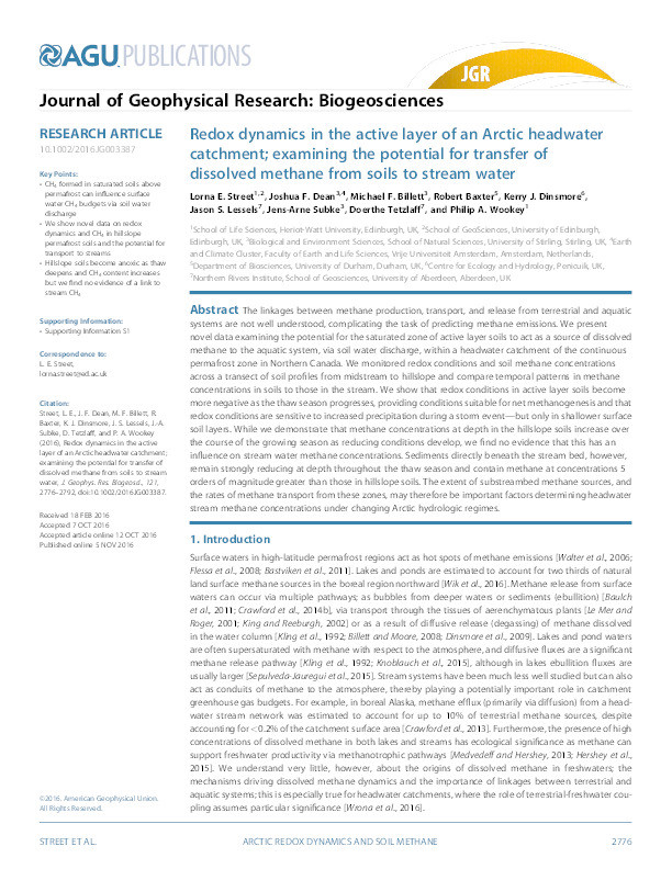 Redox dynamics in the active layer of an Arctic headwater catchment; examining the potential for transfer of dissolved methane from soils to stream water Thumbnail