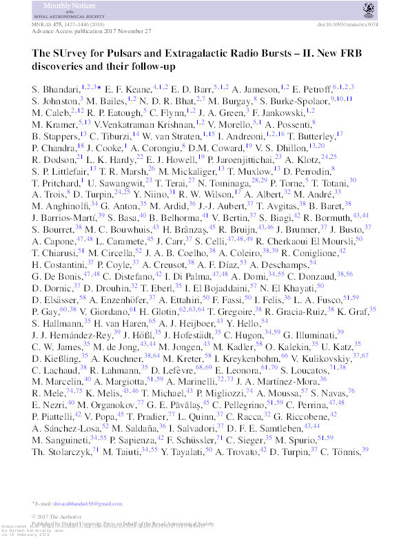 The SUrvey for Pulsars and Extragalactic Radio Bursts – II. New FRB discoveries and their follow-up Thumbnail