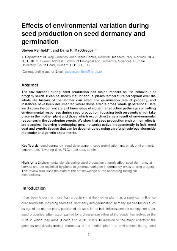 Effects of environmental variation during seed production on seed dormancy and germination Thumbnail
