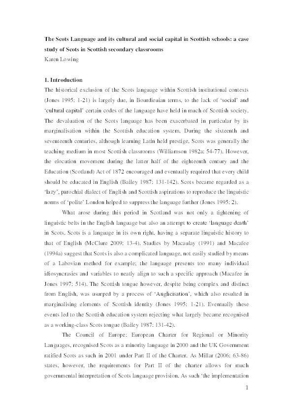 The Scots Language and its cultural and social capital in Scottish schools: a case study of Scots in Scottish secondary classrooms Thumbnail