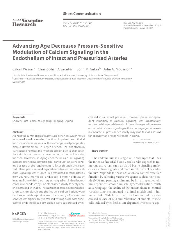 Advancing Age Decreases Pressure-Sensitive Modulation of Calcium Signaling in the Endothelium of Intact and Pressurized Arteries Thumbnail