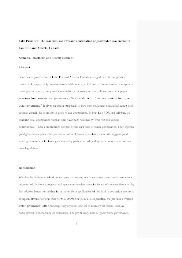 False Promises: The contours, contexts, and contestation of good water governance in Lao PDR and Alberta, Canada Thumbnail