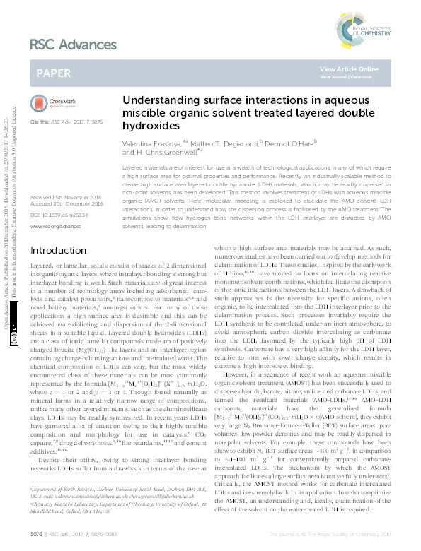 Understanding surface interactions in aqueous miscible organic solvent treated layered double hydroxides Thumbnail