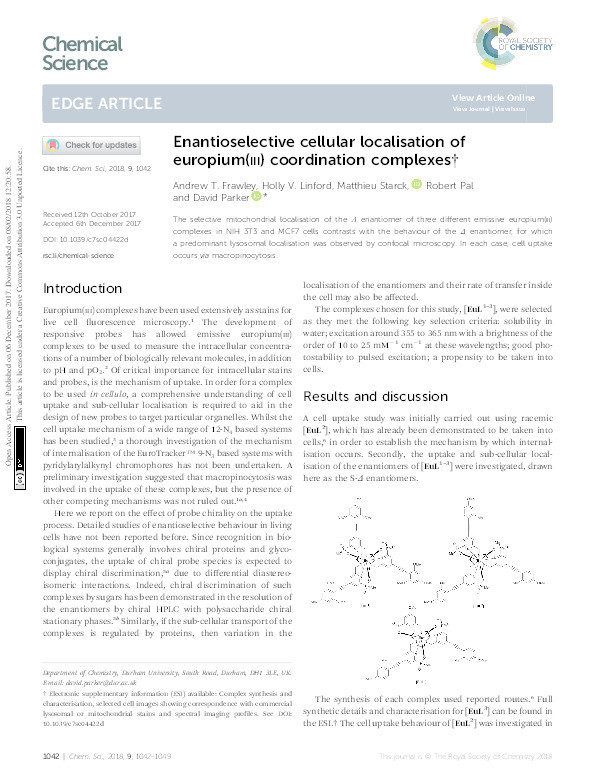 Enantioselective cellular localisation of europium(iii) coordination complexes Thumbnail