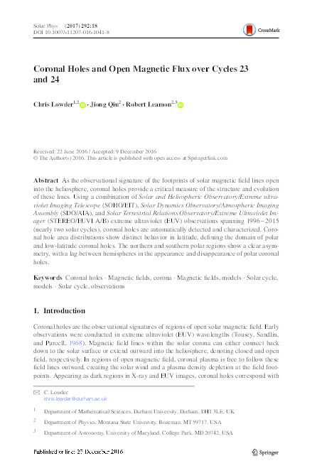 Coronal Holes and Open Magnetic Flux over Cycles 23 and 24 Thumbnail