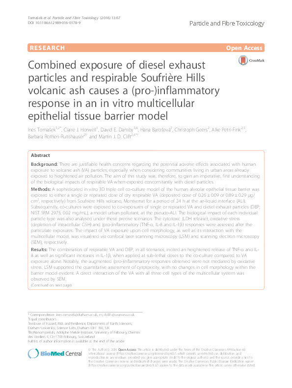Combined exposure of diesel exhaust particles and respirable Soufrière Hills volcanic ash causes a (pro-)inflammatory response in an in vitro multicellular epithelial tissue barrier model Thumbnail