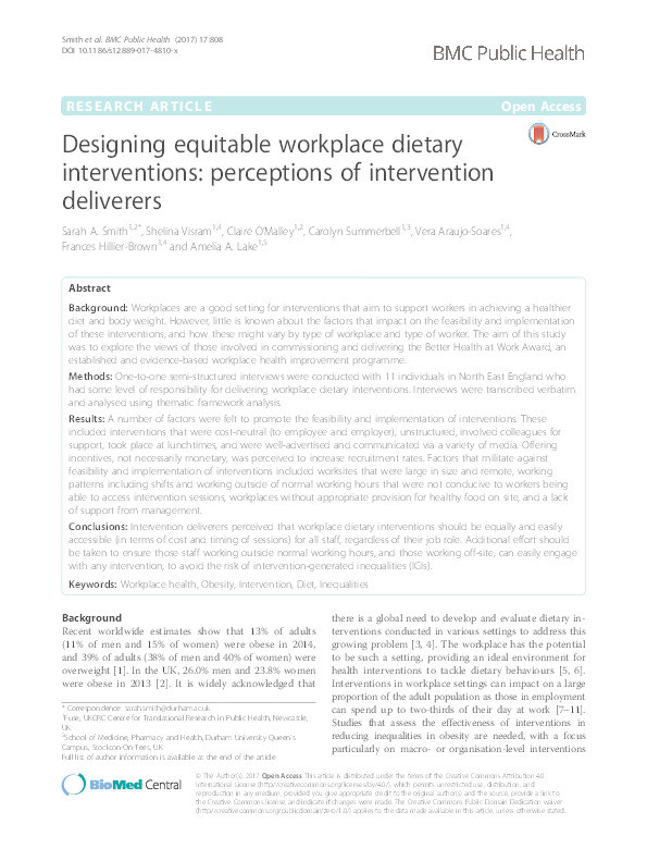 Designing equitable workplace dietary interventions: perceptions of intervention deliverers Thumbnail