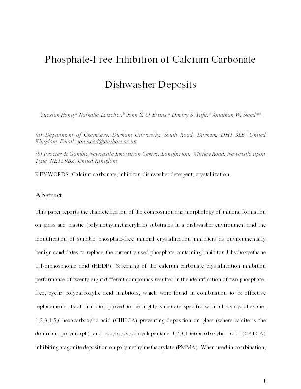Phosphate-Free Inhibition of Calcium Carbonate Dishwasher Deposits Thumbnail