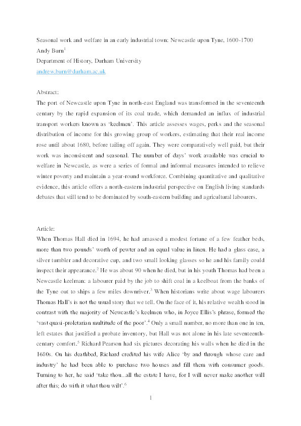 Seasonal work and welfare in an early industrial town: Newcastle upon Tyne, 1600-1700 Thumbnail