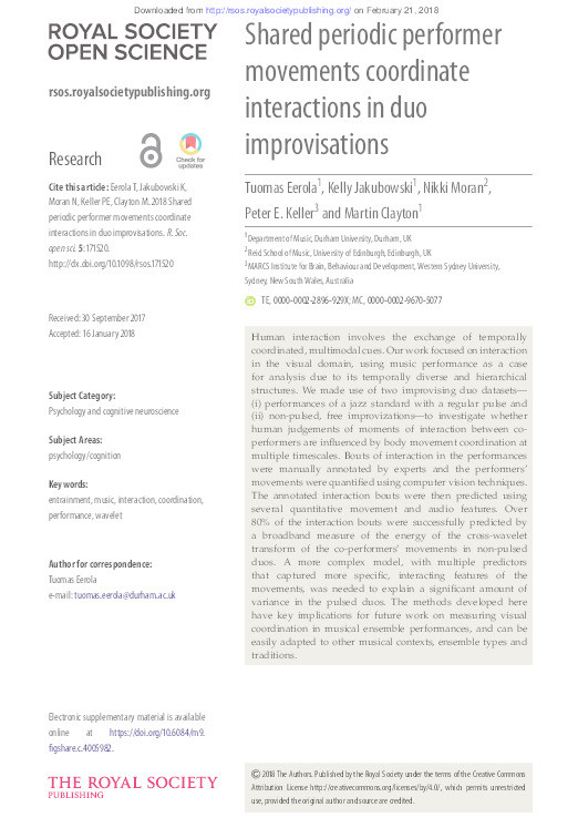 Shared Periodic Performer Movements Coordinate Interactions in Duo Improvisations Thumbnail
