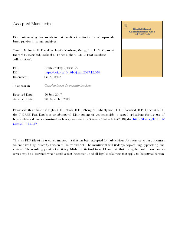 Distributions of geohopanoids in peat: Implications for the use of hopanoid-based proxies in natural archives Thumbnail