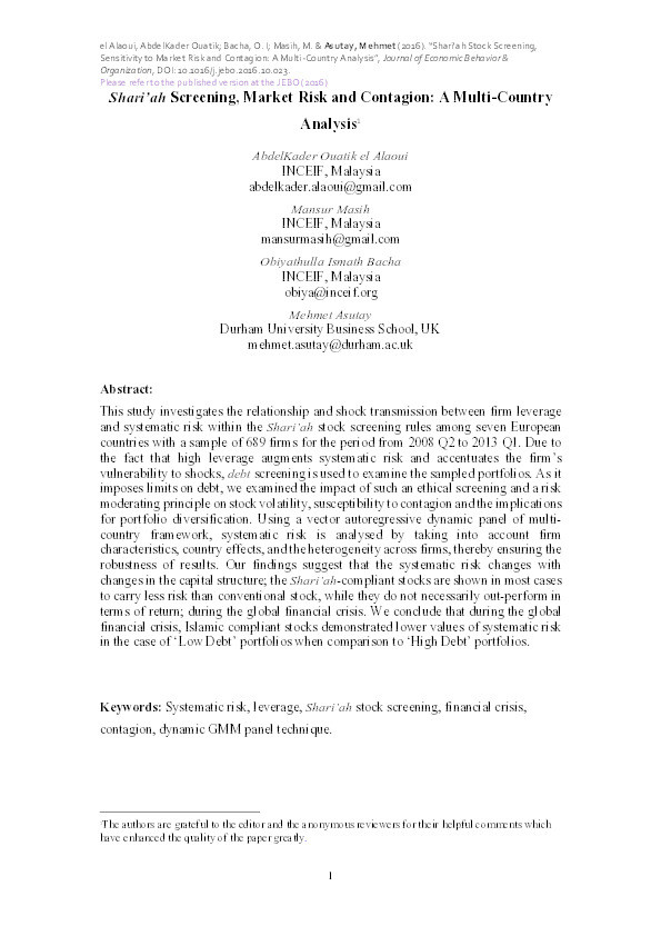 Shari’ah screening, market risk and contagion: A multi-country analysis Thumbnail