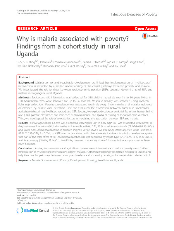 Why is malaria associated with poverty? Findings from a cohort study in rural Uganda Thumbnail