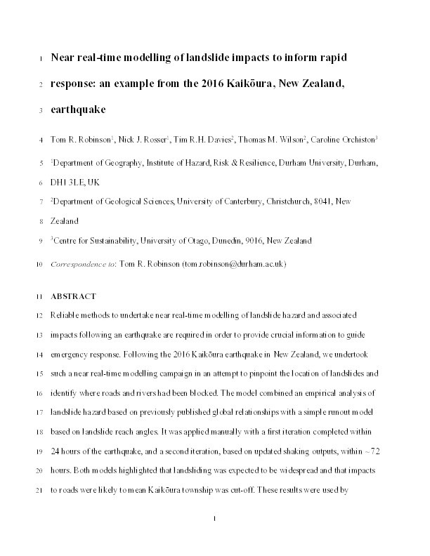 Near-real-time modelling of landslide impacts to inform rapid response: an example from the 2016 Kaikoura, New Zealand, earthquake Thumbnail