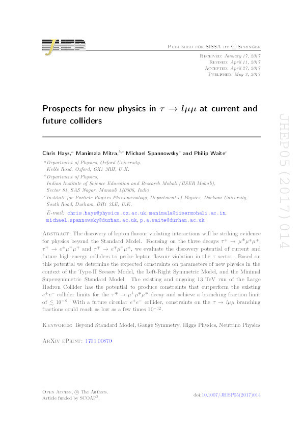 Prospects for new physics in τ→lμμ at current and future colliders Thumbnail