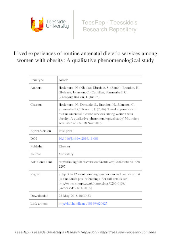 Lived experiences of routine antenatal dietetic services among women with obesity: A qualitative phenomenological study Thumbnail