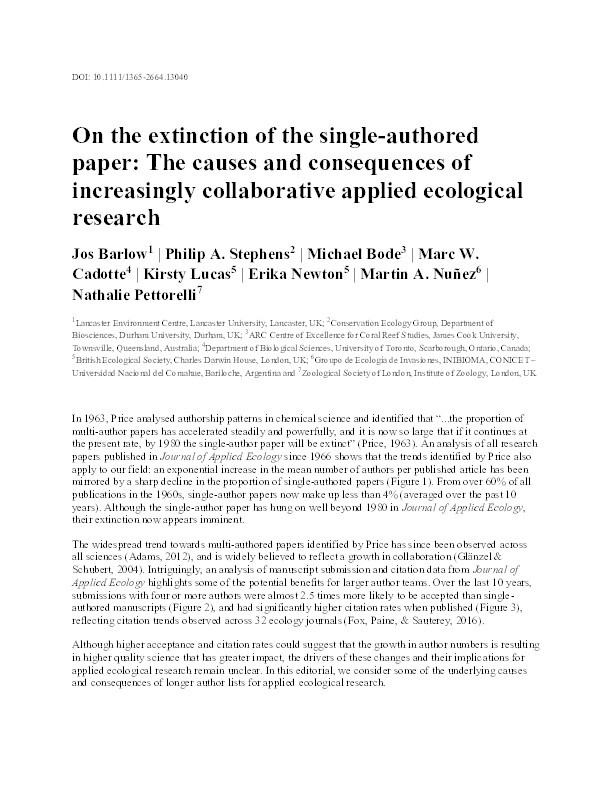 On the extinction of the single-authored paper: The causes and consequences of increasingly collaborative applied ecological research Thumbnail