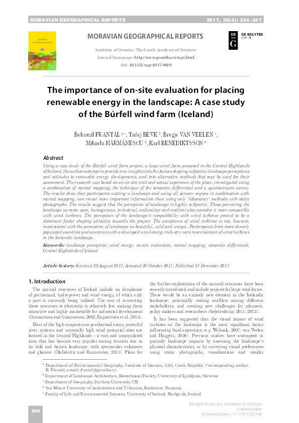 The importance of on-site evaluation for placing renewable energy in the landscape: A case study of the Búrfell wind farm (Iceland) Thumbnail