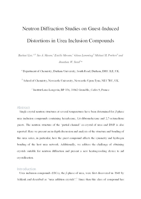 Neutron Diffraction Studies on Guest-Induced Distortions in Urea Inclusion Compounds Thumbnail