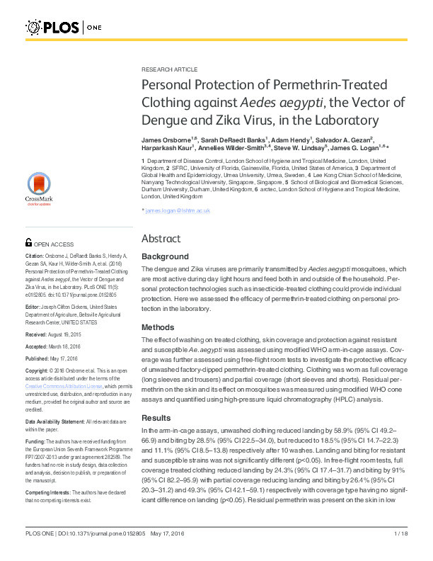 Personal protection of permethrin-treated clothing against Aedes aegypti, the vector of dengue and Zika virus, in the laboratory Thumbnail