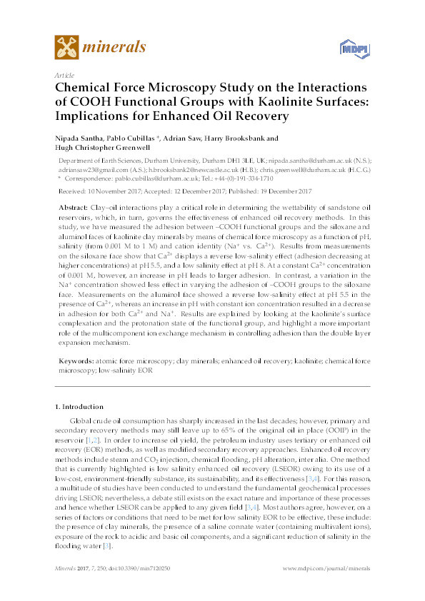 Chemical Force Microscopy Study on the Interactions of COOH Functional Groups with Kaolinite Surfaces: Implications for Enhanced Oil Recovery Thumbnail